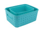 Set of 3 sky blue smart storage baskets.